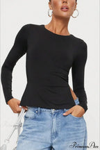 Waist-Tie Solid Color Crew Neck Long-Sleeve Cropped Knit Top