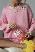 Washed Crew Neck Distressed Mid-Length Sweater