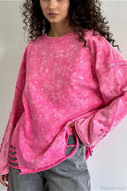 Washed Distressed Speckled Crew Neck Long Sleeve Tee