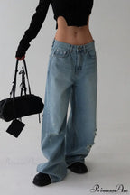 ：Washed Letter Print Distressed Relaxed Straight Jeans