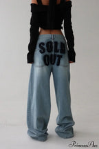 ：Washed Letter Print Distressed Relaxed Straight Jeans