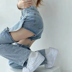 Washed Zipper Fake Ripped Denim Pants