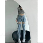 Washed Zipper Fake Ripped Denim Pants