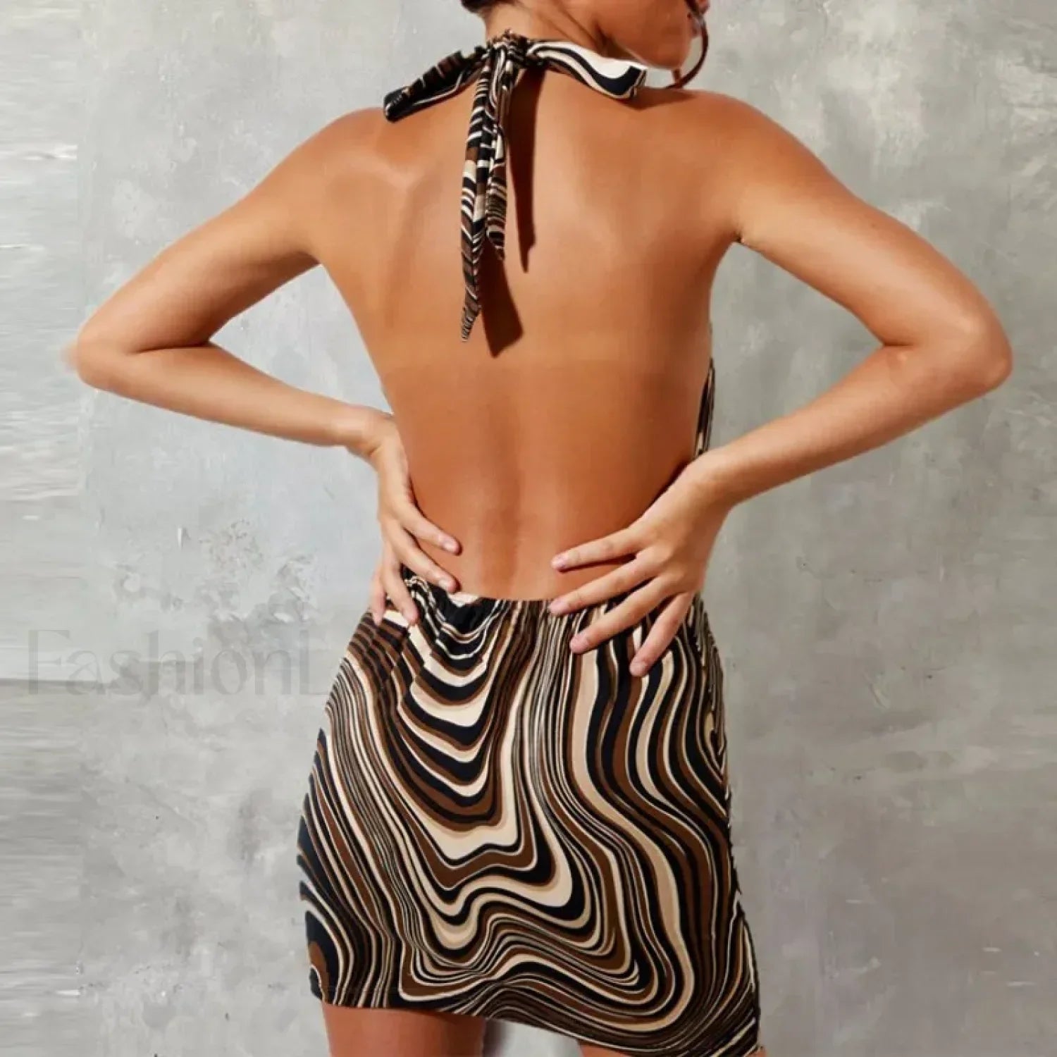 Brown Wave Print Halter Mini Dress