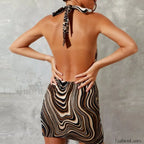 Brown Wave Print Halter Mini Dress