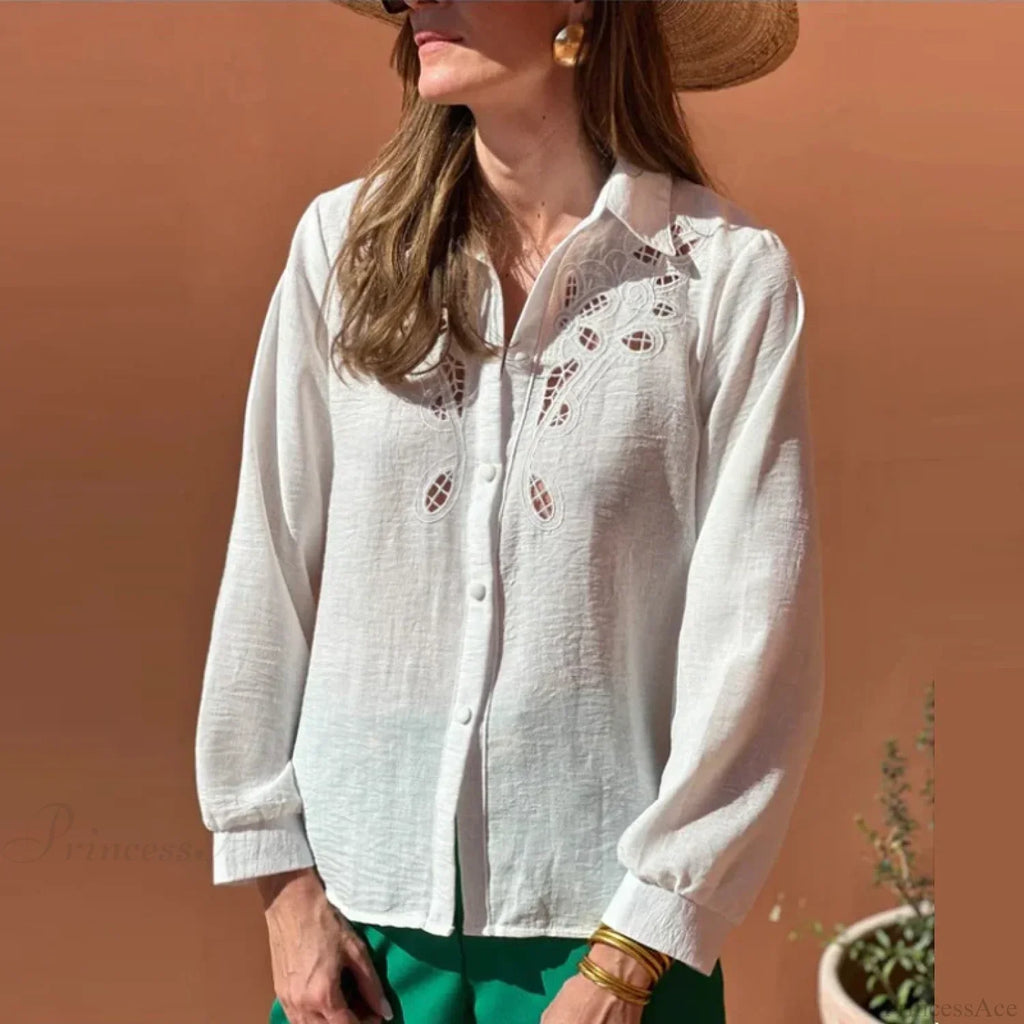 White Cotton Linen Lace Floral Embroidery Boho Blouse