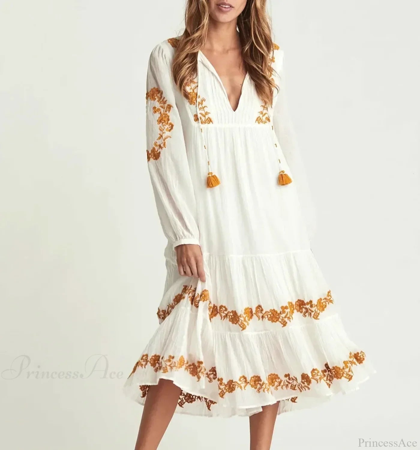 White Deep V Neck Long Sleeve Dress