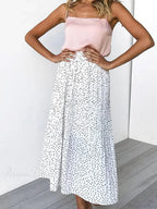White Dots Floral Print Pleated Midi Skirt with Pockets