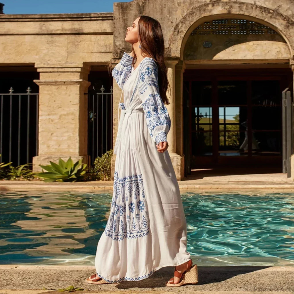 White Embroidered Cotton Maxi Dress