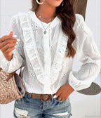 White Floral Embroidery Vintage Long Sleeve Boho Blouse