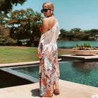 White Floral Print Loose Kimono Beach Cover up