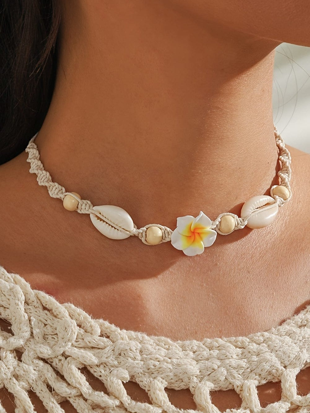 Seashell and Flower Polymer Clay Choker Necklace