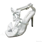 White French Women Sandals Summer Square Head Peep Toe Butterfly KnotBuckle Strap Super High Heels Party Shoe High Heel