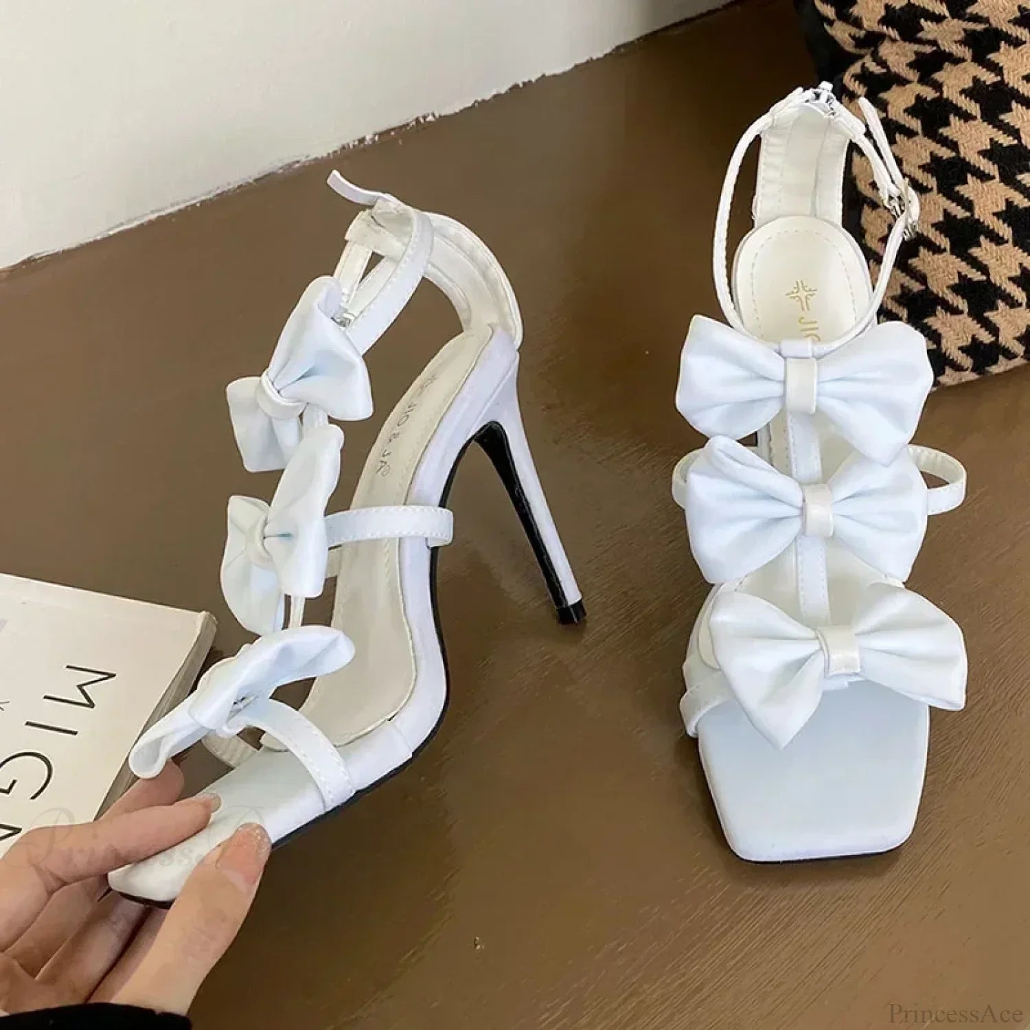 White French Women Sandals Summer Square Head Peep Toe Butterfly KnotBuckle Strap Super High Heels Party Shoe High Heel