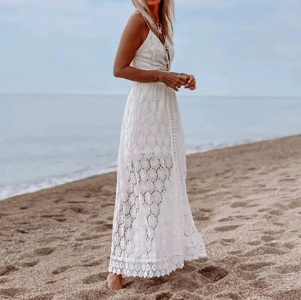 White Hollow Out Lace Strapless Sexy Split Midi Boho Dress