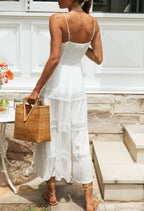 White Hollow Out Strapless Split Sleeveless Maxi Boho Dress