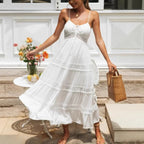 White Hollow Out Strapless Split Sleeveless Maxi Boho Dress