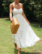 White Hollow Out Strapless Split Sleeveless Maxi Boho Dress