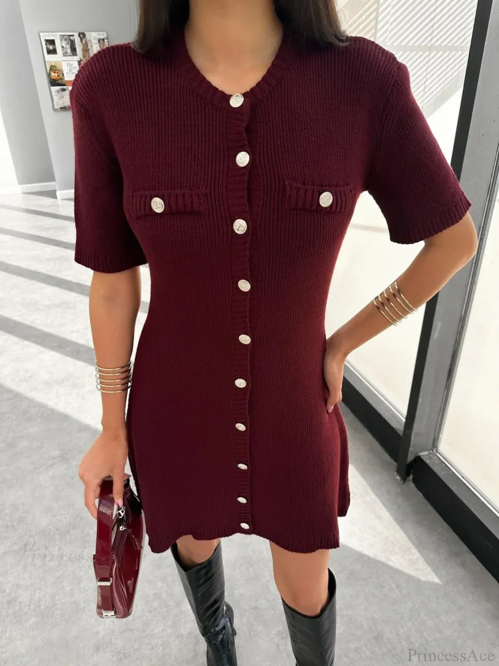 White Knit Pocket Mini Dress