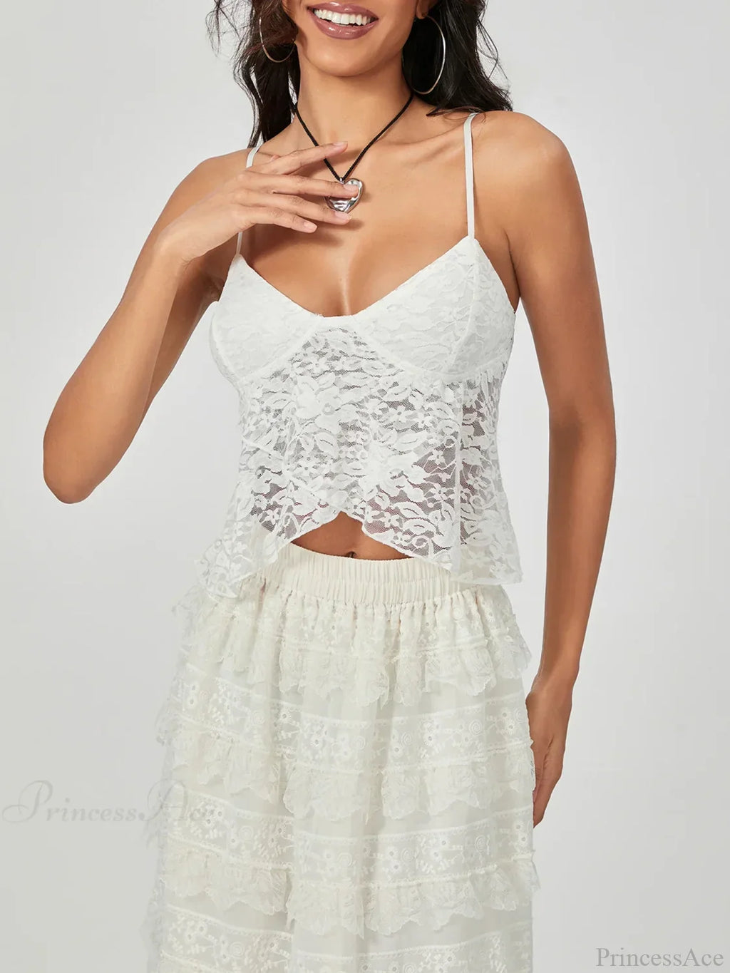 White Lace Spaghetti Strap Wrap Hem Slip Camisole Top