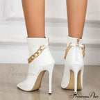 White Leather Ankle Sandals with Metal Chain Design and Thin Heels
Peep Toe Zip Boots for Women with High Quality Leather
Fashionable White Pumps with Metal Chain Detail and Thin Heels