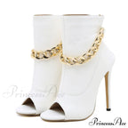 White Leather Ankle Sandals with Metal Chain Design and Thin Heels
Peep Toe Zip Boots for Women with High Quality Leather
Fashionable White Pumps with Metal Chain Detail and Thin Heels