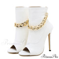 White Leather Ankle Sandals with Metal Chain Design and Thin Heels
Peep Toe Zip Boots for Women with High Quality Leather
Fashionable White Pumps with Metal Chain Detail and Thin Heels