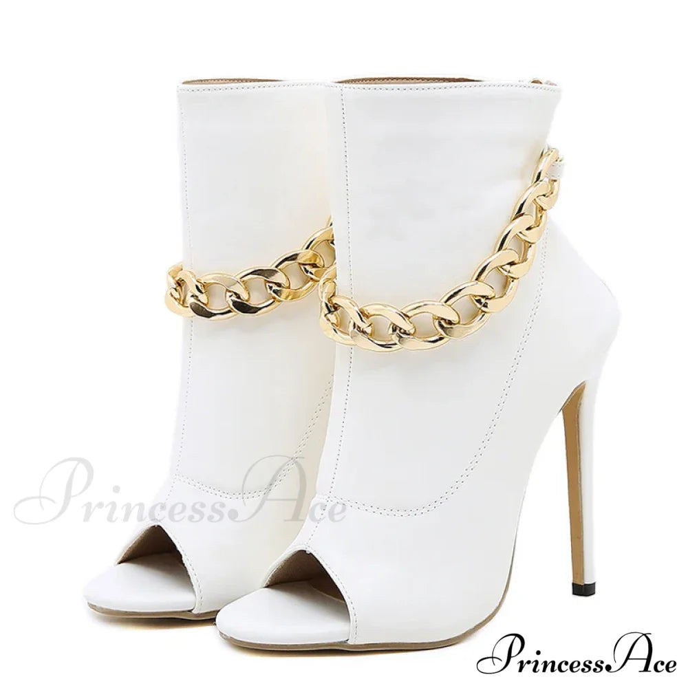 White Leather Ankle Sandals with Metal Chain Design and Thin Heels
Peep Toe Zip Boots for Women with High Quality Leather
Fashionable White Pumps with Metal Chain Detail and Thin Heels