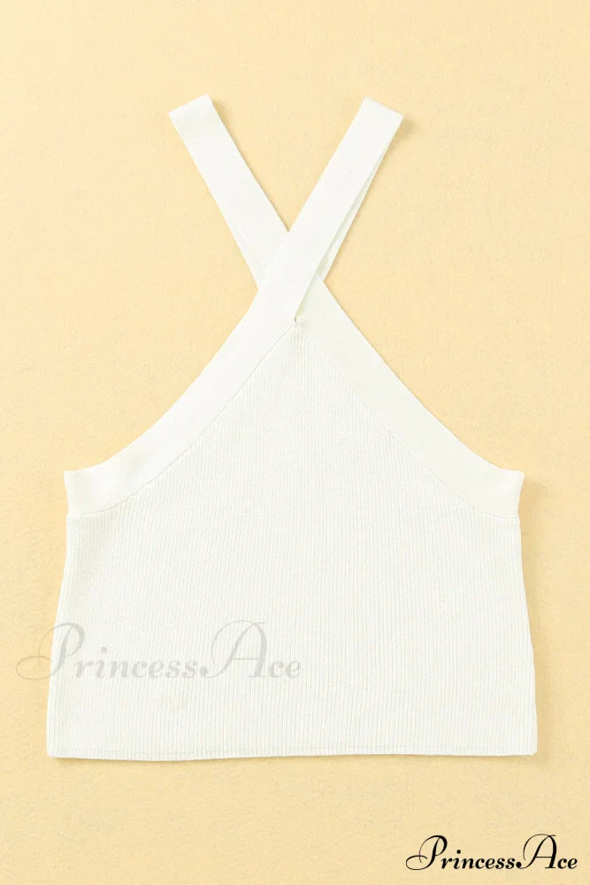 White Neck Knit Ribbed Halter Tank Cross Criss Top