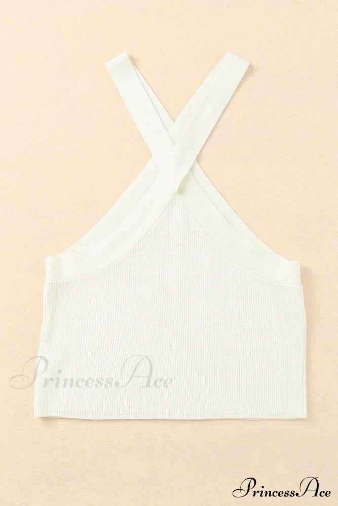 White Neck Knit Ribbed Halter Tank Cross Criss Top