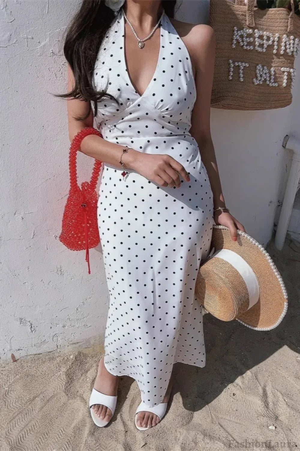 White Halter V-Neck Tiered Polka Dot Maxi Dress