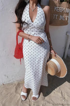 White Halter V-Neck Tiered Polka Dot Maxi Dress