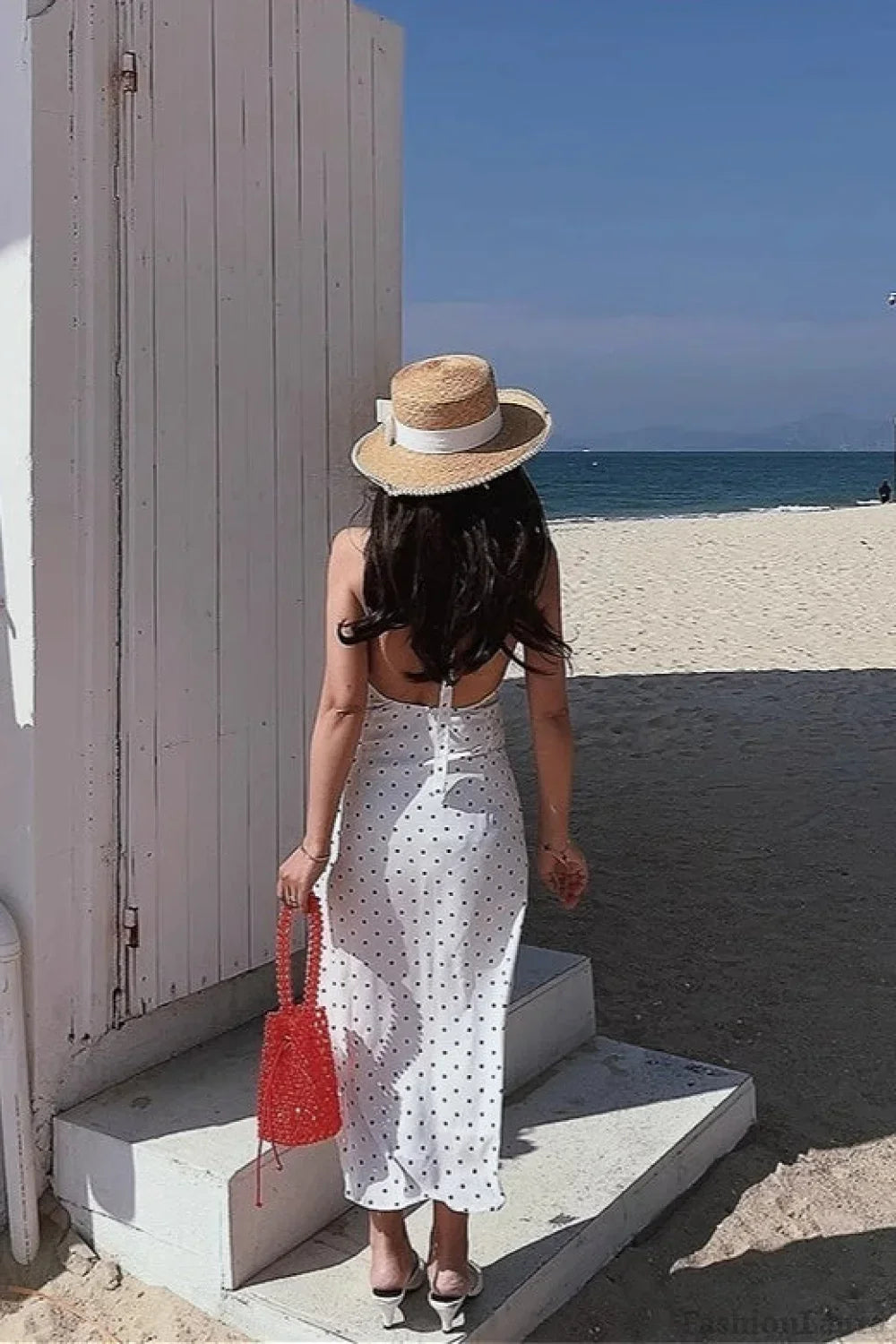 White Halter V-Neck Tiered Polka Dot Maxi Dress