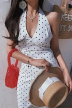 White Halter V-Neck Tiered Polka Dot Maxi Dress