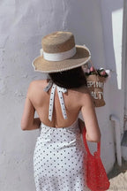 White Halter V-Neck Tiered Polka Dot Maxi Dress