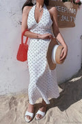 White Halter V-Neck Tiered Polka Dot Maxi Dress