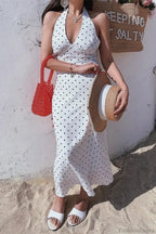 White Halter V-Neck Tiered Polka Dot Maxi Dress