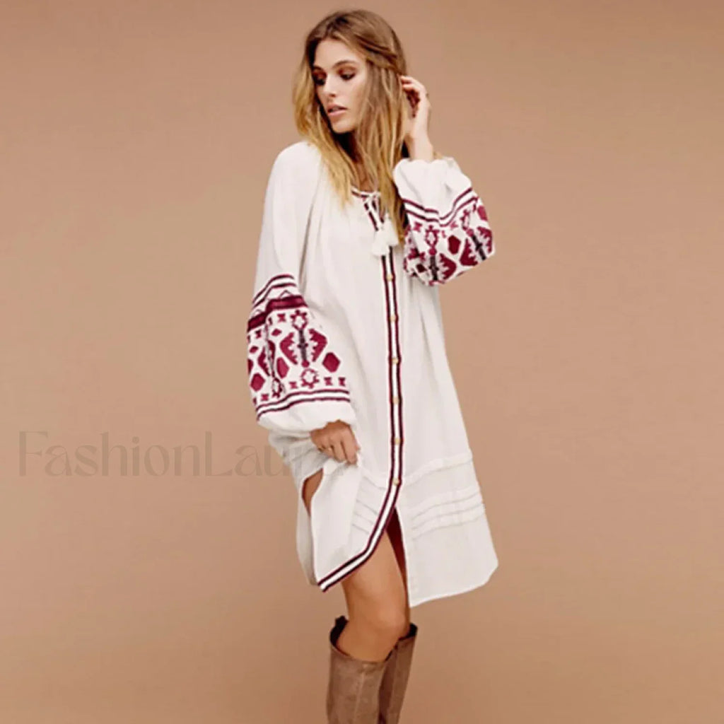 White Puff Sleeve Boho Dress