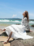 White Retro V-Neck Boho Dress