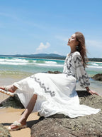 White Retro V-Neck Boho Dress