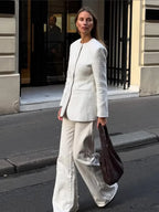 White Round Neck Single Breasted Coat
