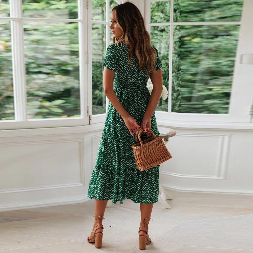 Yasmina Chic Bohemian Green Midi Dress with Puff Sleeves Premium Wardrobe Essential