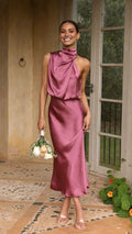 Clio Exclusive Satin Dress with a High Collar in Old Pink Boutique Collection
