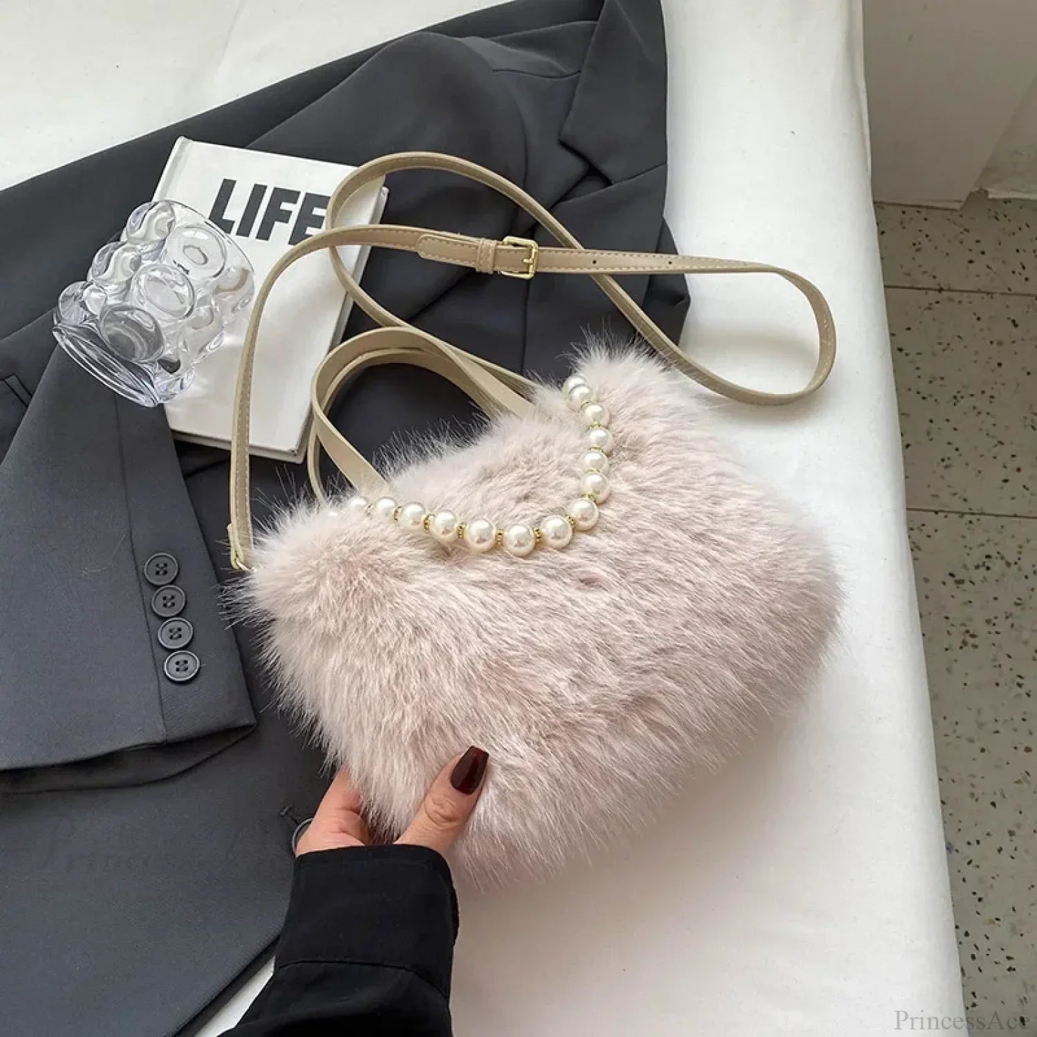 Winter Faux Fur Crossbody Pearl Chain Decor Handbag