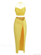 Women Diamonds 2 Piece Set Swinging Collar Crop Tops Long Skirts Christmas Party Dress