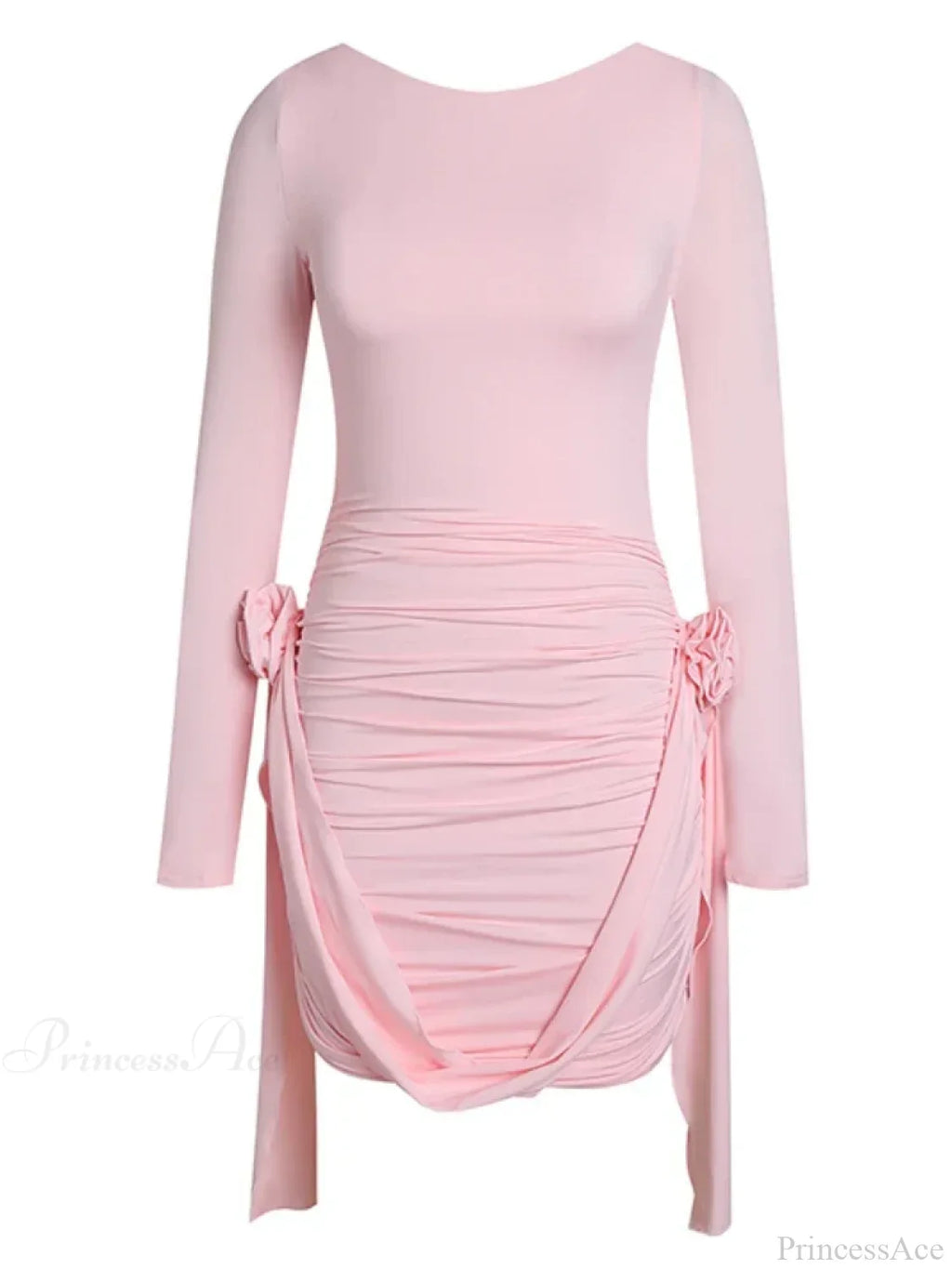 Women Pink 3D Floral Draped Mini Bodycon Dress Long Sleeves Christmas Party Dress