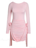 Women Pink 3D Floral Draped Mini Bodycon Dress Long Sleeves Christmas Party Dress