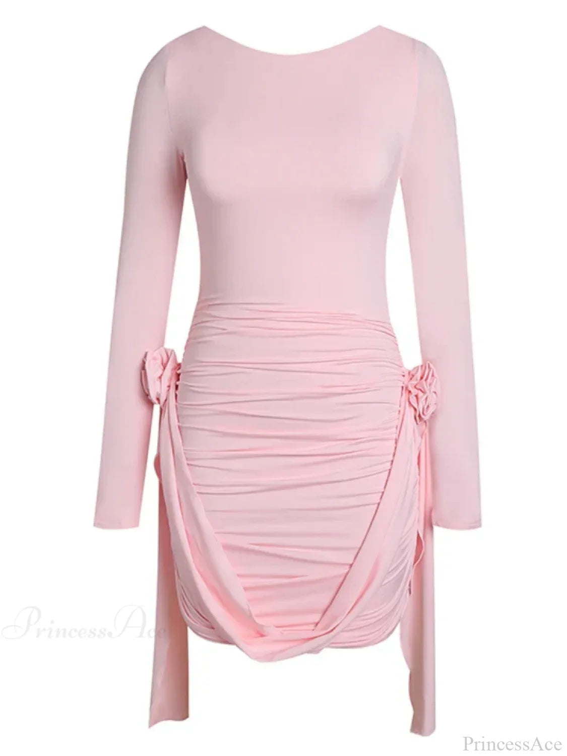 Women Pink 3D Floral Draped Mini Bodycon Dress Long Sleeves Christmas Party Dress
