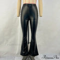 Women Winter High-waist Sensual Pu Leather Shiny Bell Bottoms Style Pants