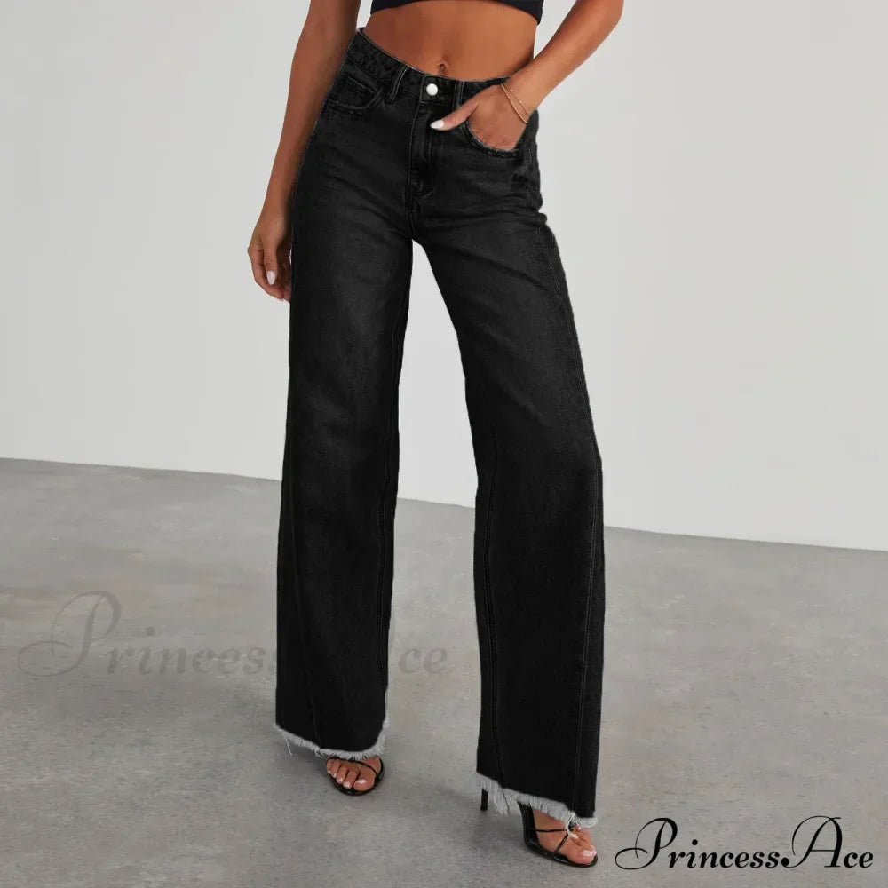 Women's Denim High Waist Fashion Wide Leg Pants Trousers Autumn Tide Straight Pants De Mujer Frayed Hem Jeans